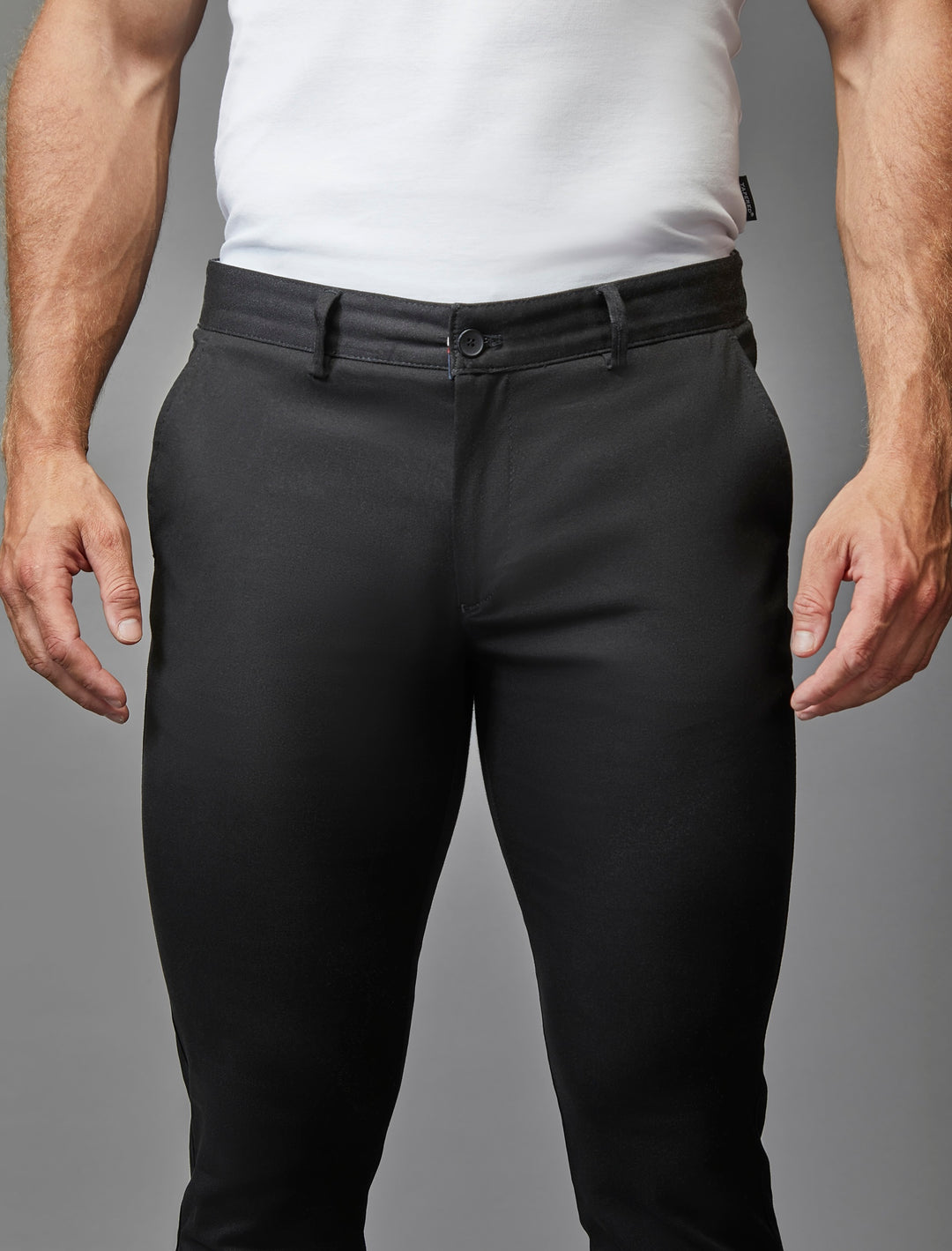Athletic fit black stretch chinos, a testament to Tapered Menswear's dedication to quality and comfort.
