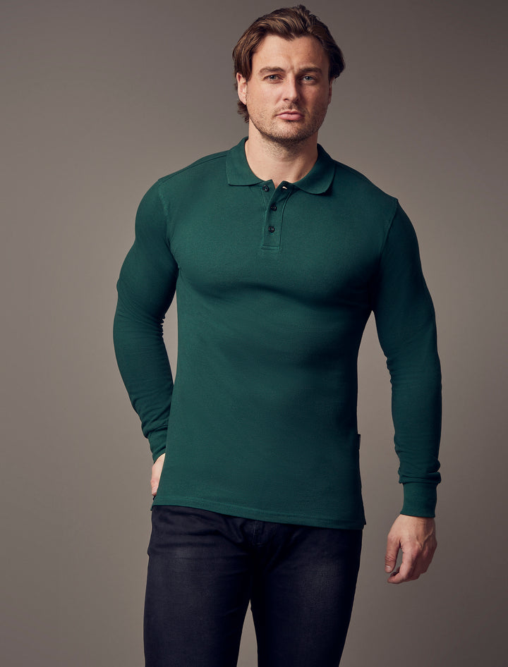 green muscle fit long sleeve polo shirt, highlighting the tapered fit and premium quality offered by Tapered Menswear