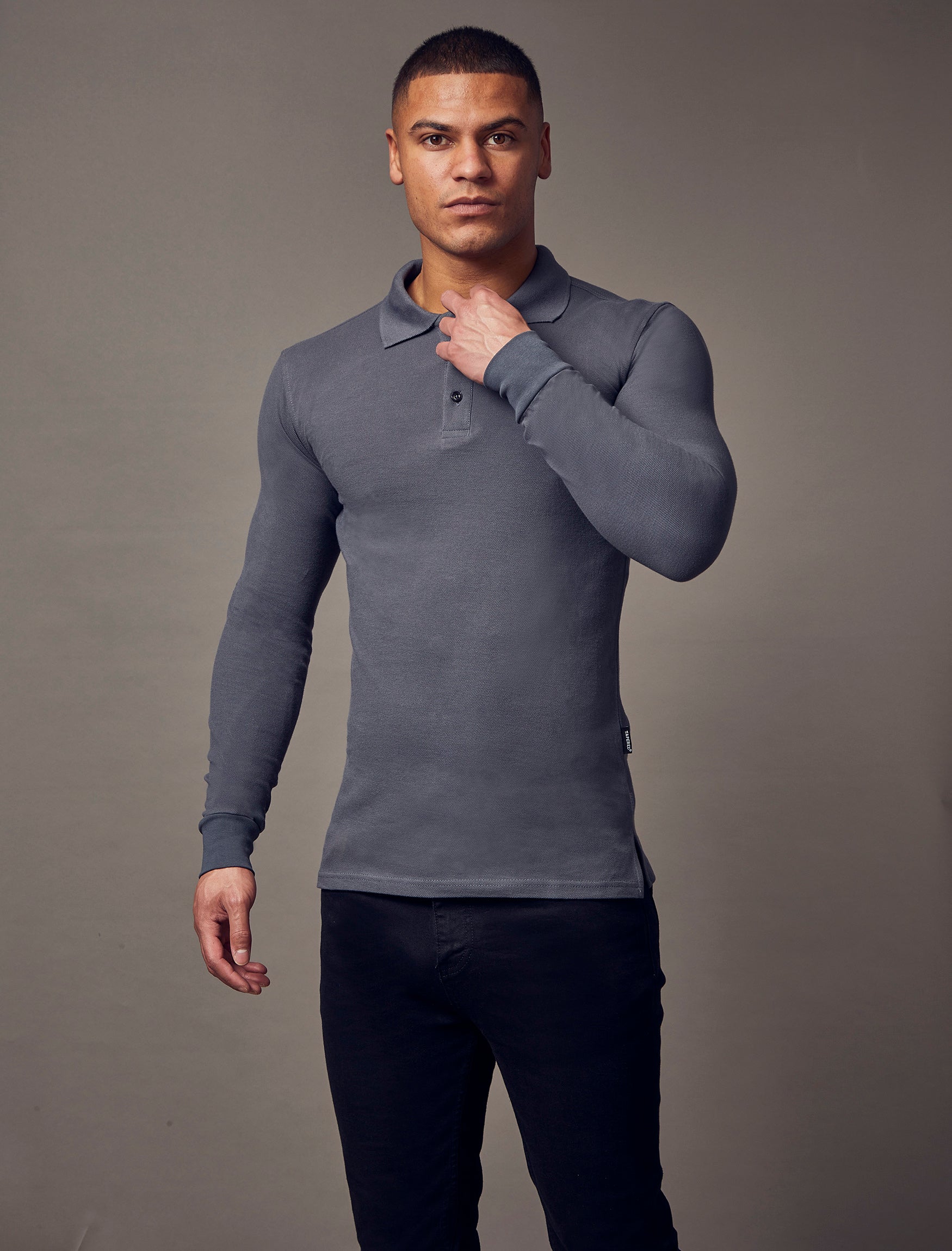 Long Sleeve Dark Grey Tapered Fit Polo Shirt