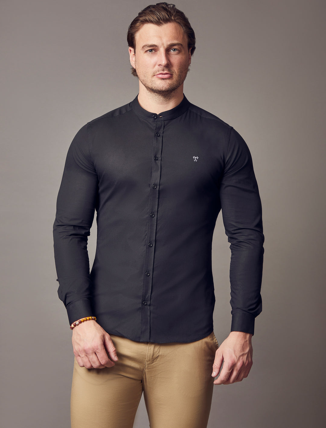 grandad collar black tapered fit shirt by Tapered Menswear, showcasing the muscle fit design for a unique and comfortable silhouette