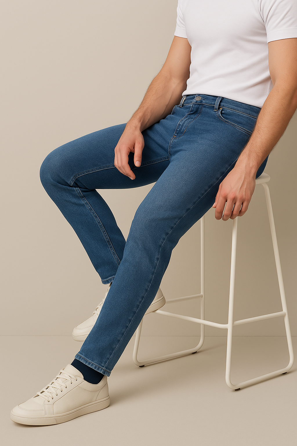 Mid Wash Tapered Fit Jeans