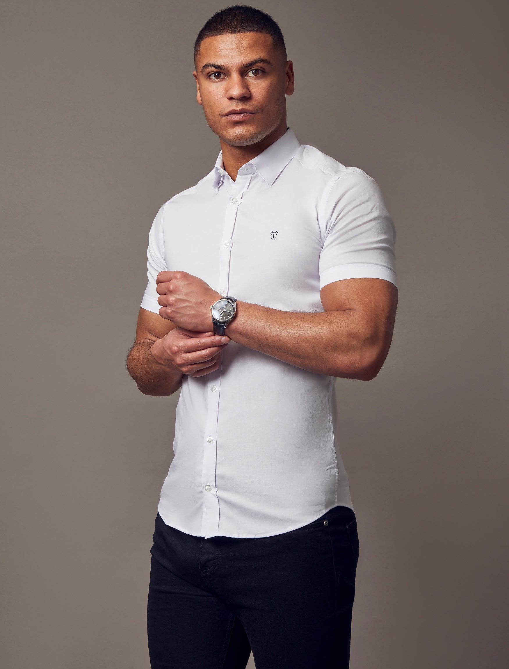 White Short Sleeve Tapered Fit Shirt White Muscle Fit Short