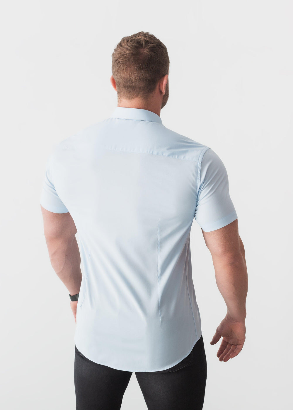 Blue Short Sleeve Tapered Fit Shirt Back. A Proportionally Fitted and Comfortable Short Sleeve Muscle Fit Shirt.
