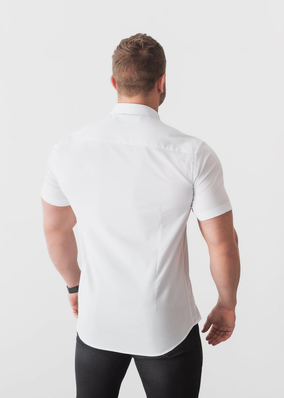 White Short Sleeve Tapered Fit Shirt Back. A Proportionally Fitted and Comfortable Short Sleeve Muscle Fit Shirt.