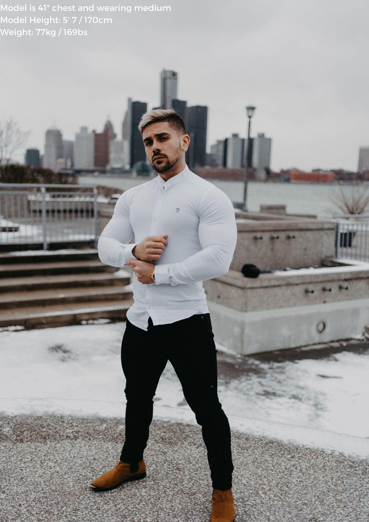 Grandad Collar White Tapered Fit Bodybuilder Shirt