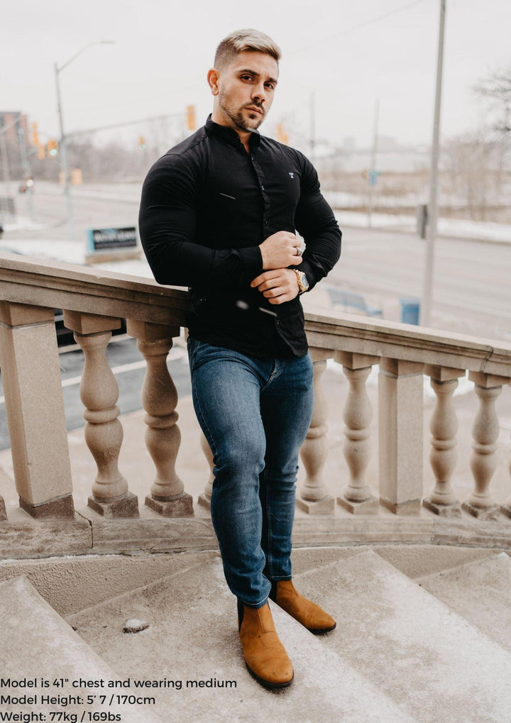 Grandad Collar Black Tapered Fit Bodybuilder Shirt