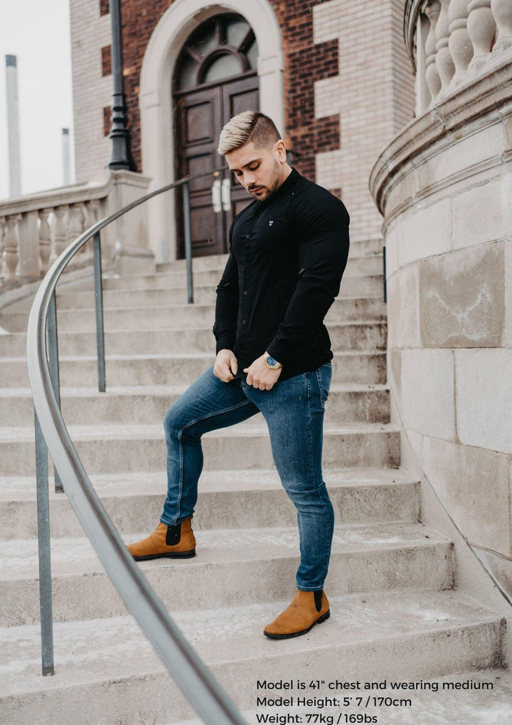 Grandad Collar Black Tapered Fit Bodybuilder Shirt