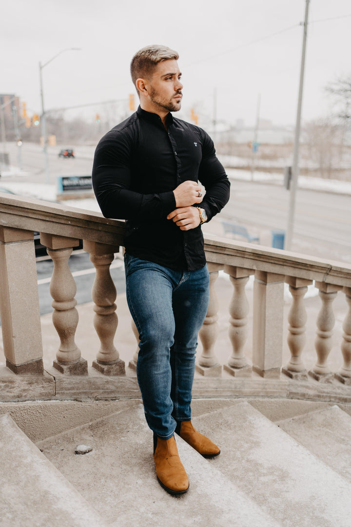 Grandad Collar Black Tapered Fit Bodybuilder Shirt
