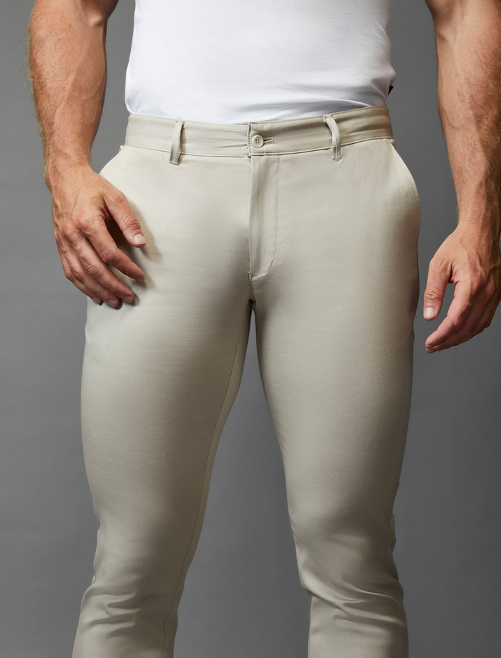 Marrying style and flexibility: beige chinos in an athletic fit with stretch from Tapered Menswear.