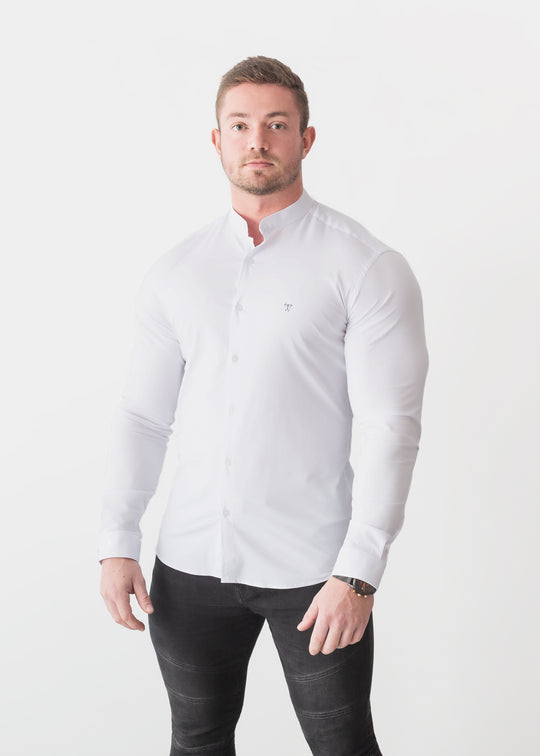 Grandad Collar White Tapered Fit Bodybuilder Shirt