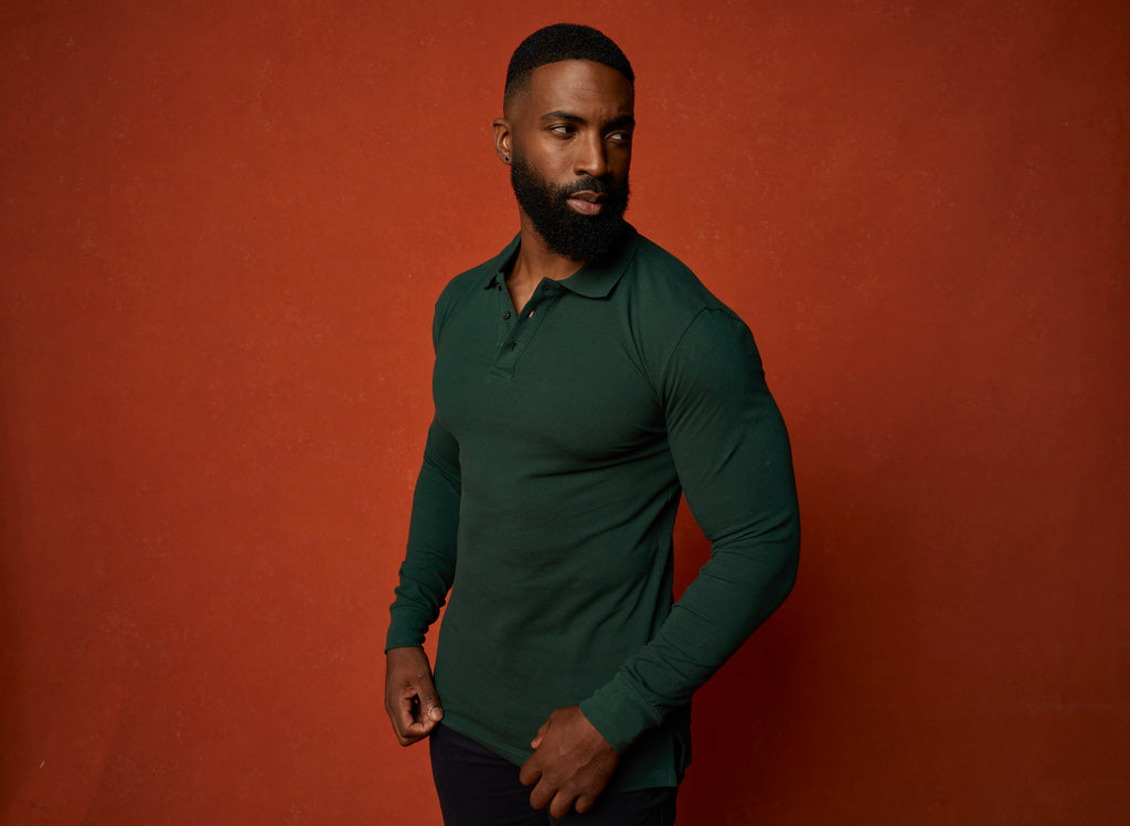 Long sleeve green tapered fit polo shirts designed for guys with muscle.