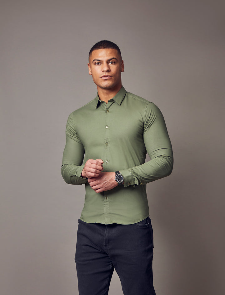 olive muscle fit shirt, highlighting the tapered fit and premium quality offered by Tapered Menswear