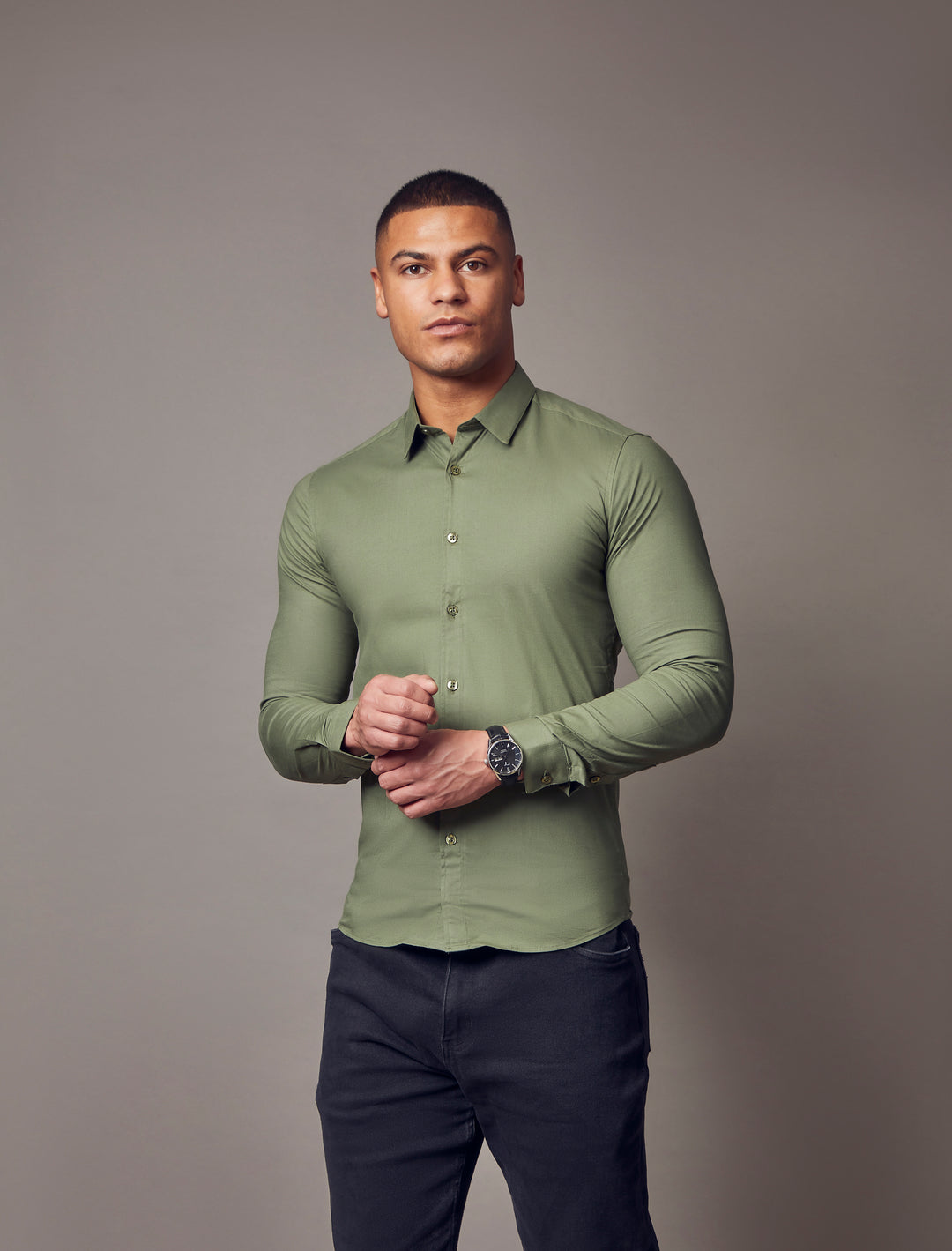 olive muscle fit shirt, highlighting the tapered fit and premium quality offered by Tapered Menswear