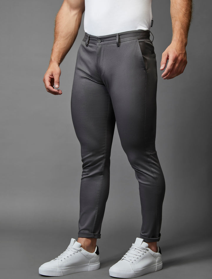 Blending modern aesthetics with functionality: grey chinos in an athletic fit with stretch, courtesy of Tapered Menswear