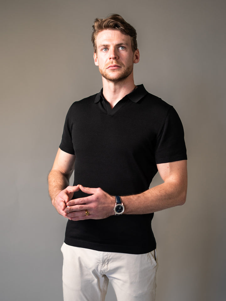 Black Knitted Tapered Fit Polo Shirt