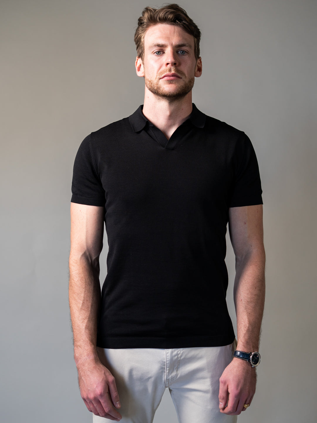Black Knitted Tapered Fit Polo Shirt