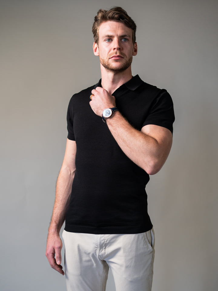 Black Knitted Tapered Fit Polo Shirt