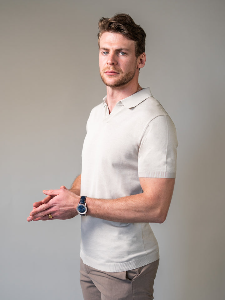 Beige Knitted Tapered Fit Polo Shirt