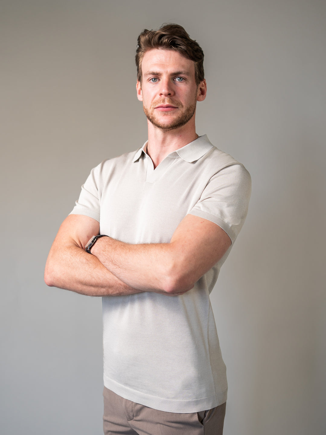 Beige Knitted Tapered Fit Polo Shirt