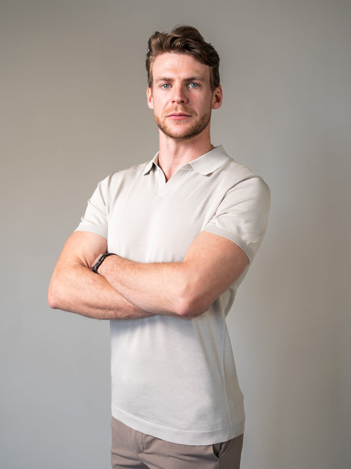Beige Knitted Tapered Fit Polo Shirt