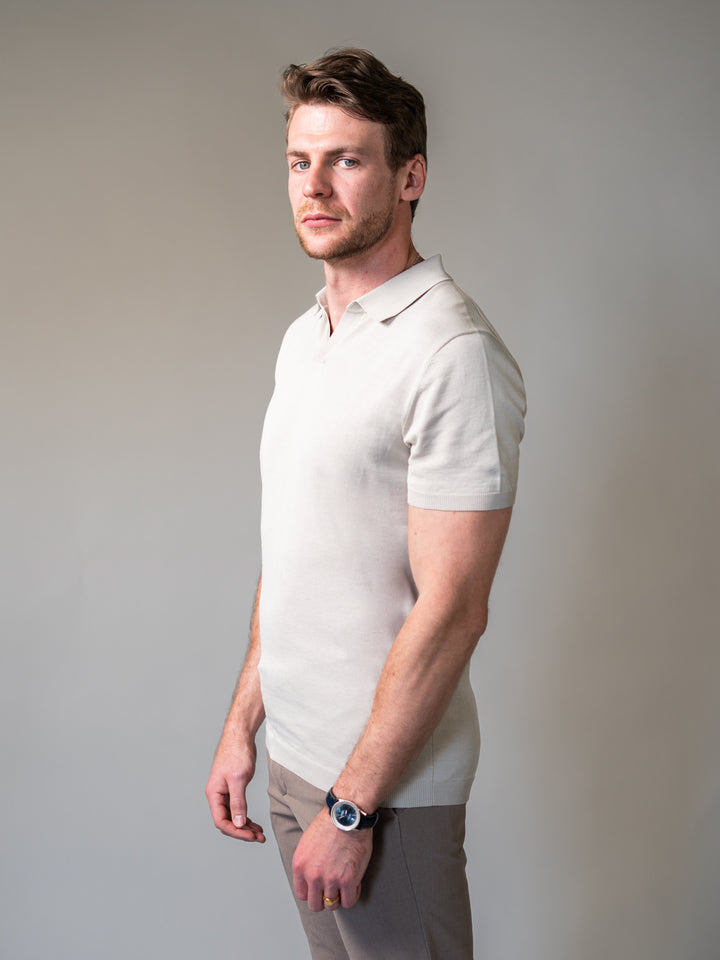 Beige Knitted Tapered Fit Polo Shirt