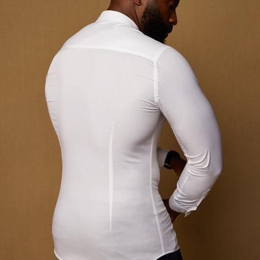 White tapered fit shirt. Shirts that are built with enhanced darts like a tailor would do.