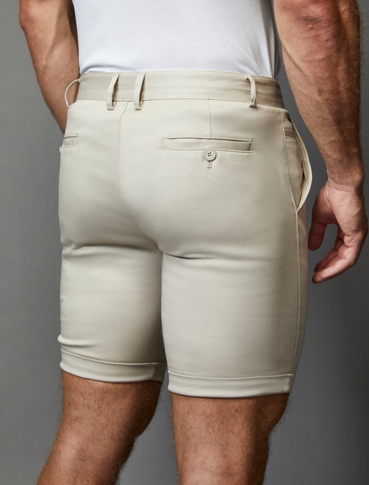 Tapered Menswear's athletic fit chino shorts in a neutral beige with stretch material.