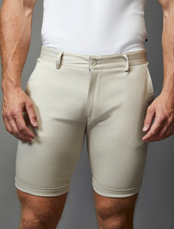 Athletic fit beige chino shorts with stretch, a signature of Tapered Menswear.