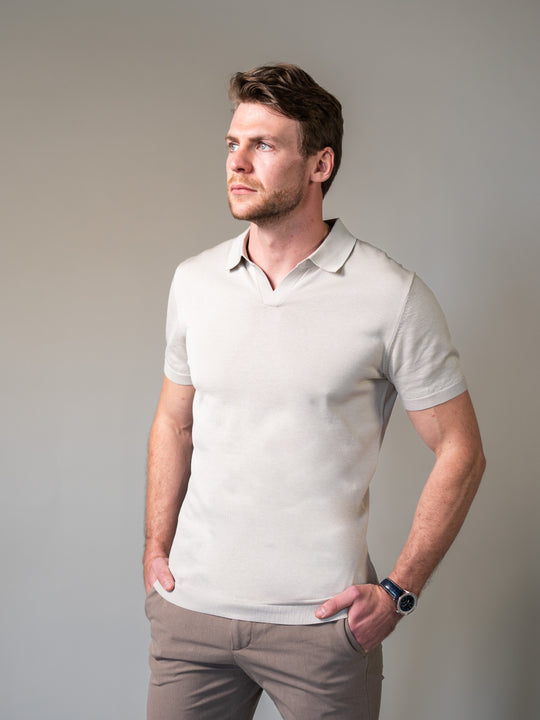 Beige Knitted Tapered Fit Polo Shirt