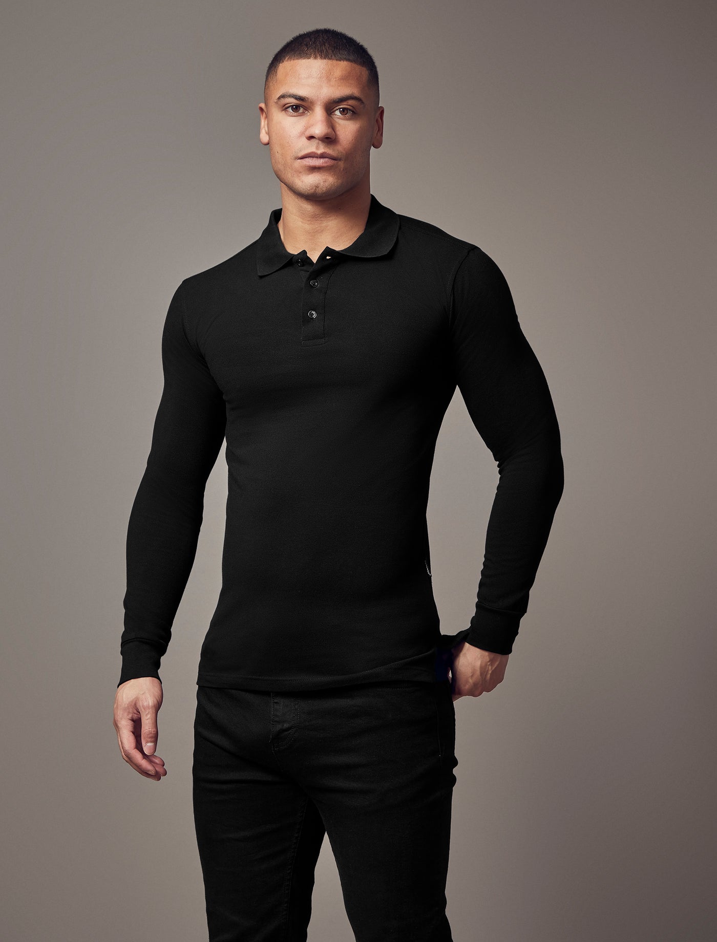 Black muscle fit long sleeve polo shirt Clearance