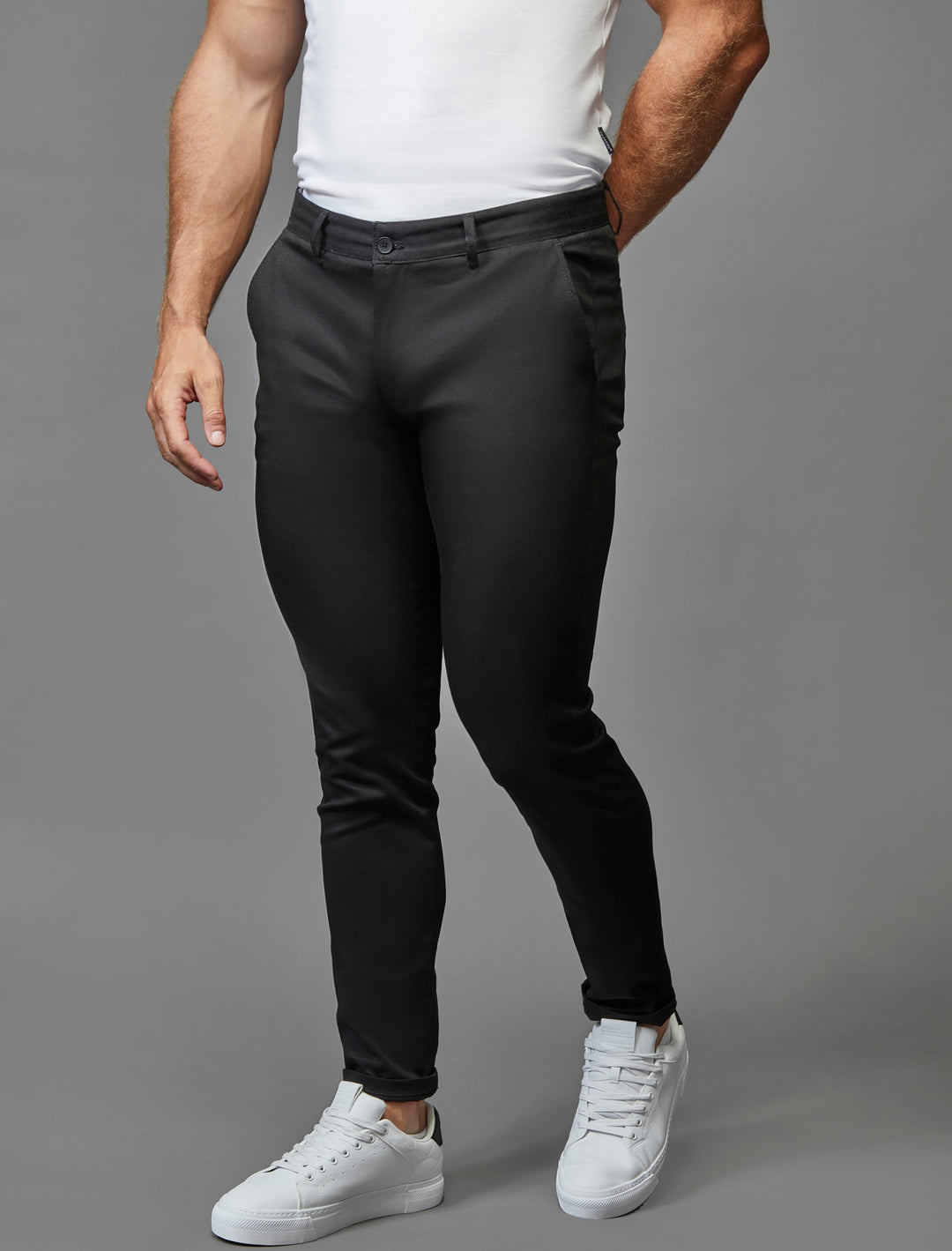 Black athletic fit chinos by Tapered Menswear, featuring stretch for a perfect fit.