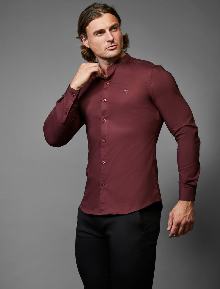 Tapered Menswear's burgundy shirt tailored for muscular physiques with a grandad collar.