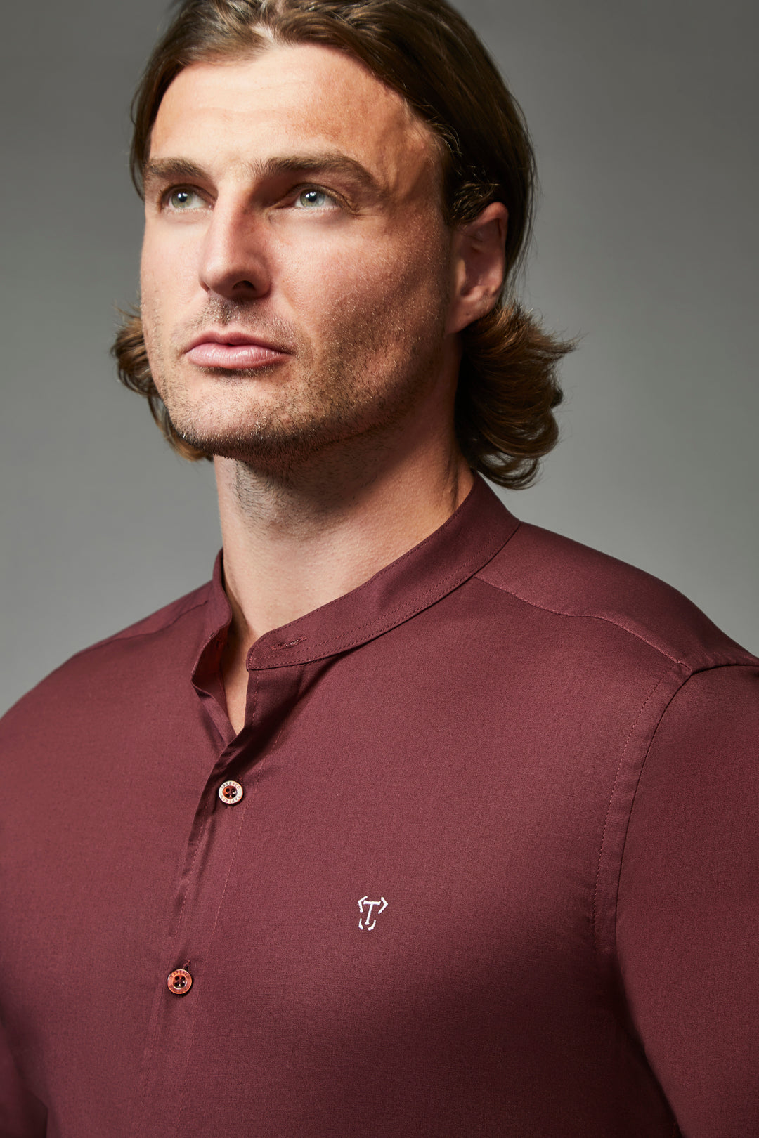 Burgundy grandad collar shirt designed for a tapered, muscular fit by Tapered Menswear.