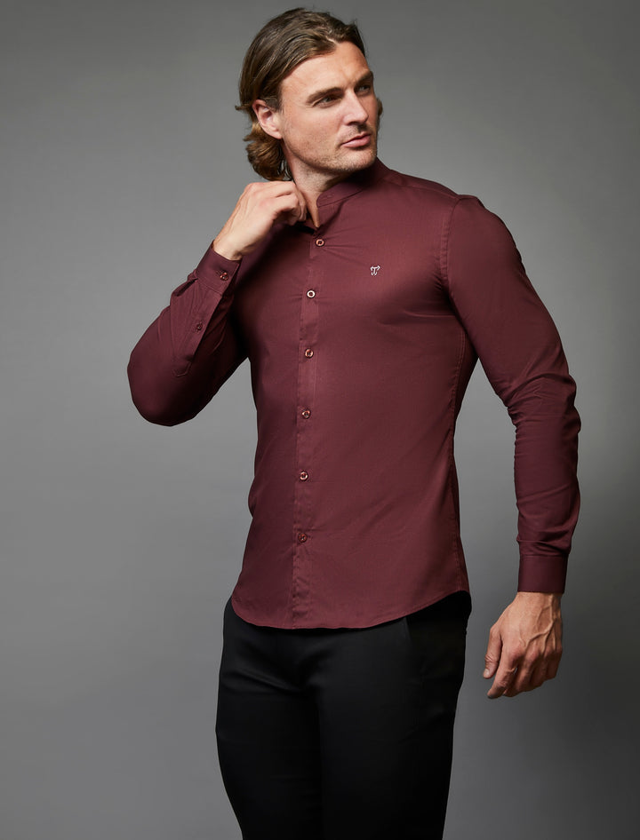 Muscle fit burgundy shirt with a distinctive grandad collar design by Tapered Menswear.