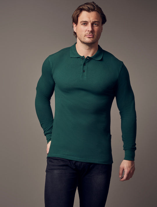 Long Sleeve Green Tapered Fit Polo Shirt