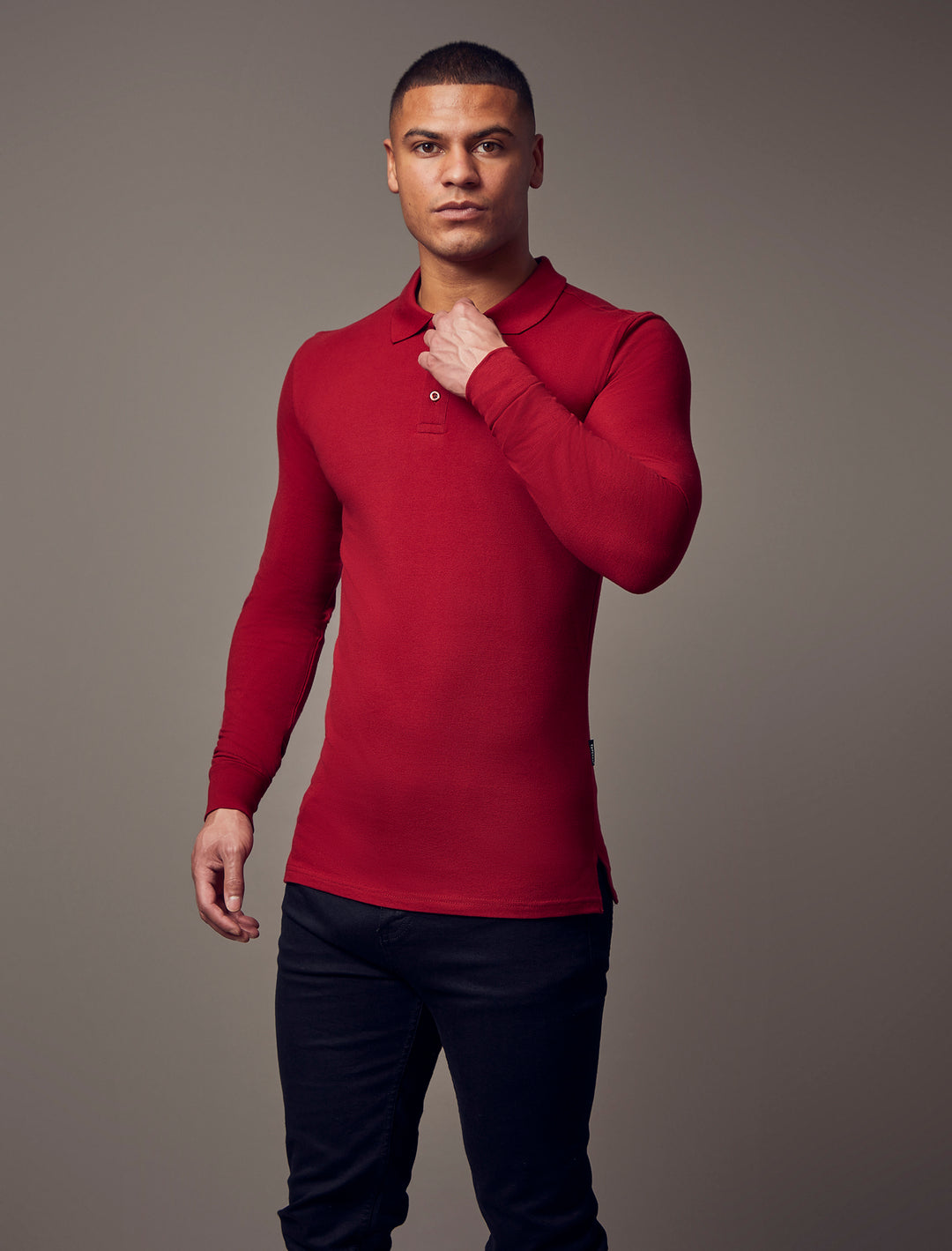 burgundy muscle fit long sleeve polo shirt, highlighting the tapered fit and premium quality offered by Tapered Menswear