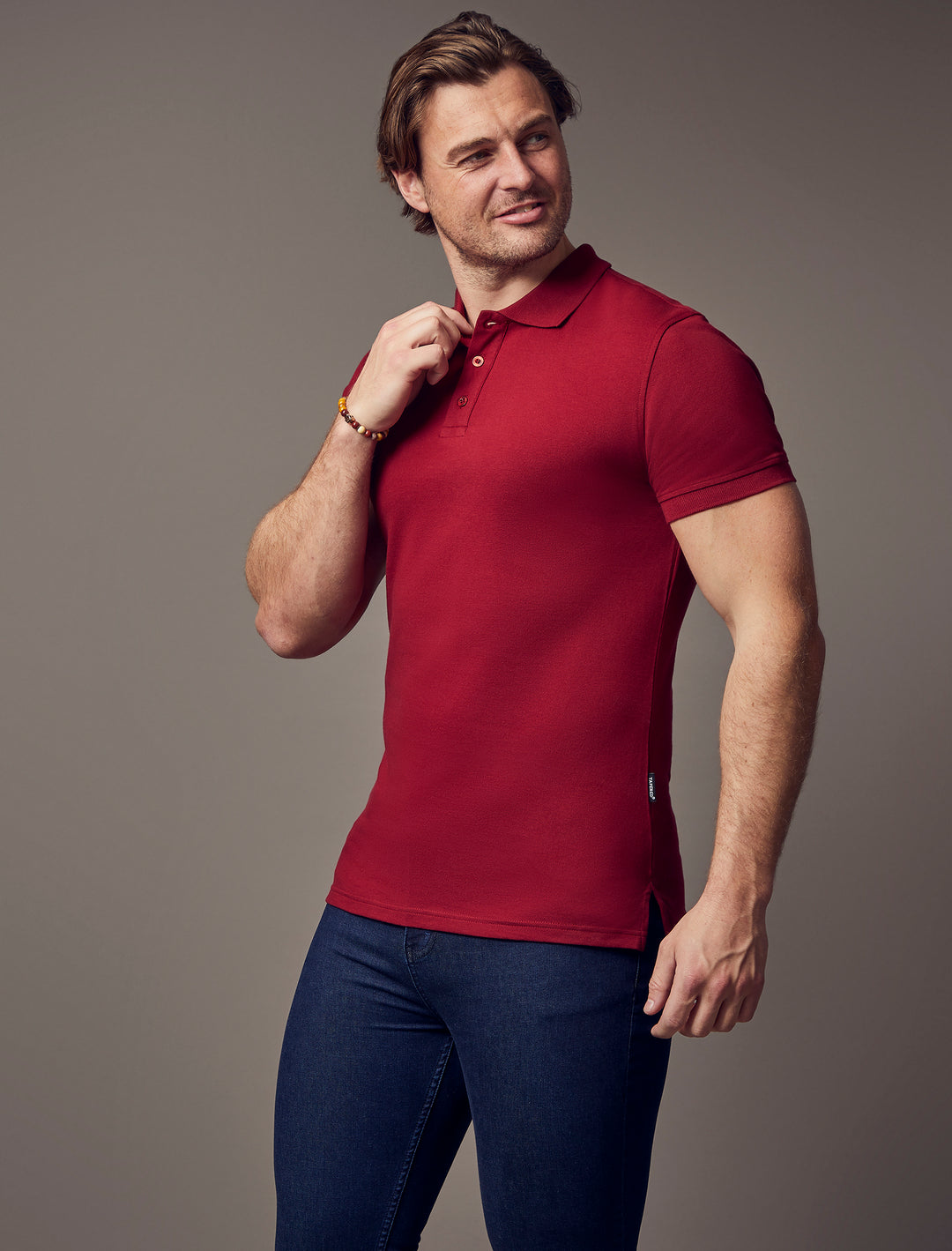burgundy muscle fit short sleeve polo shirt, highlighting the tapered fit and premium quality offered by Tapered Menswear