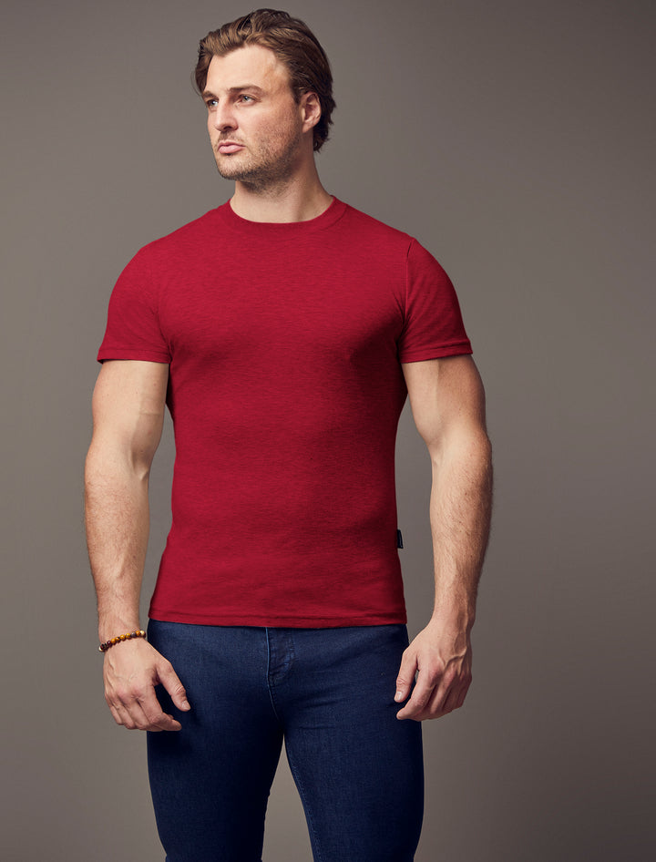 burgundy muscle fit T-shirt, emphasizing the tapered fit and superior quality offered by Tapered Menswear