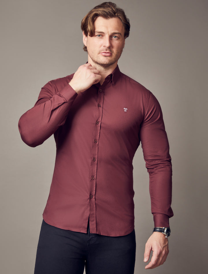 burgundy tapered fit shirt by Tapered Menswear, showcasing the muscle fit design for a refined and comfortable silhouette