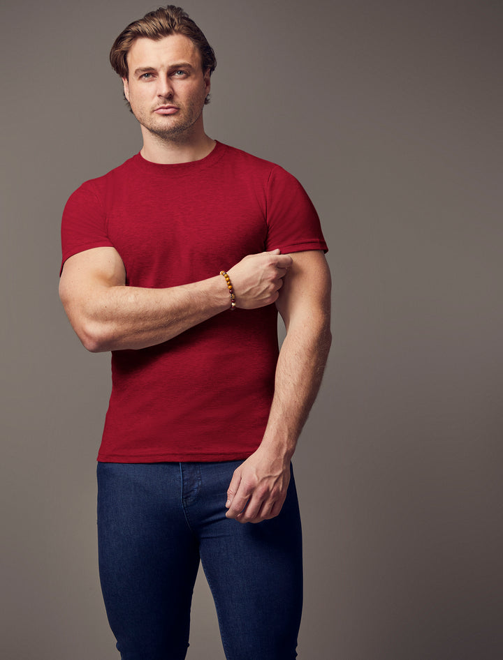 burgundy tapered fit T-shirt by Tapered Menswear, showcasing the muscle fit design for a comfortable and fashionable silhouette