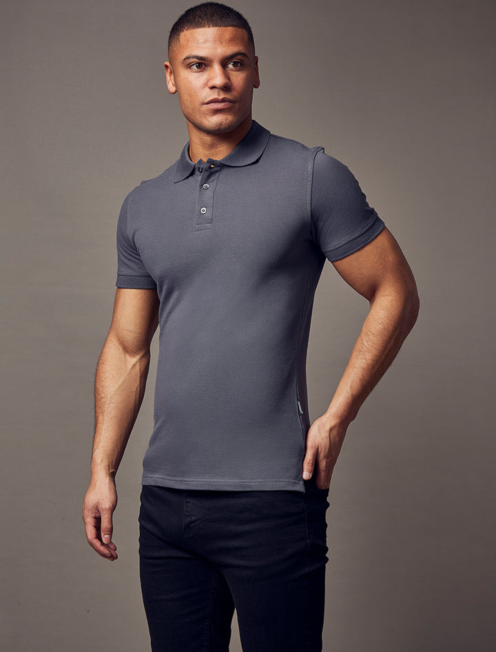 short sleeve dark grey tapered fit polo shirt by Tapered Menswear, showcasing the muscle fit design for a comfortable and stylish silhouette