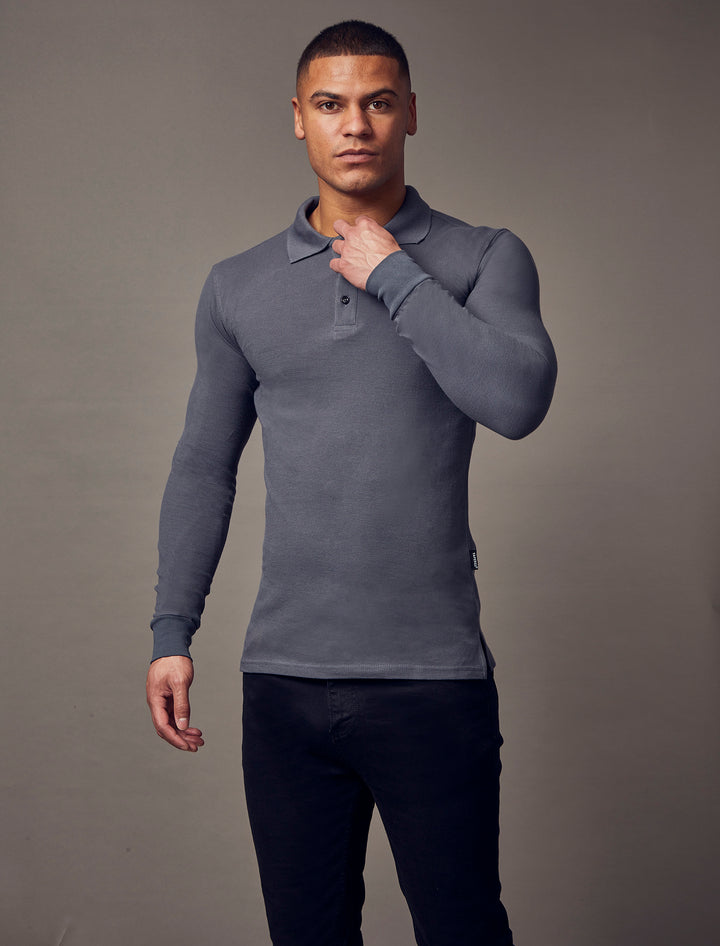 long sleeve dark grey tapered fit polo shirt by Tapered Menswear, showcasing the muscle fit design for a sleek and comfortable silhouette