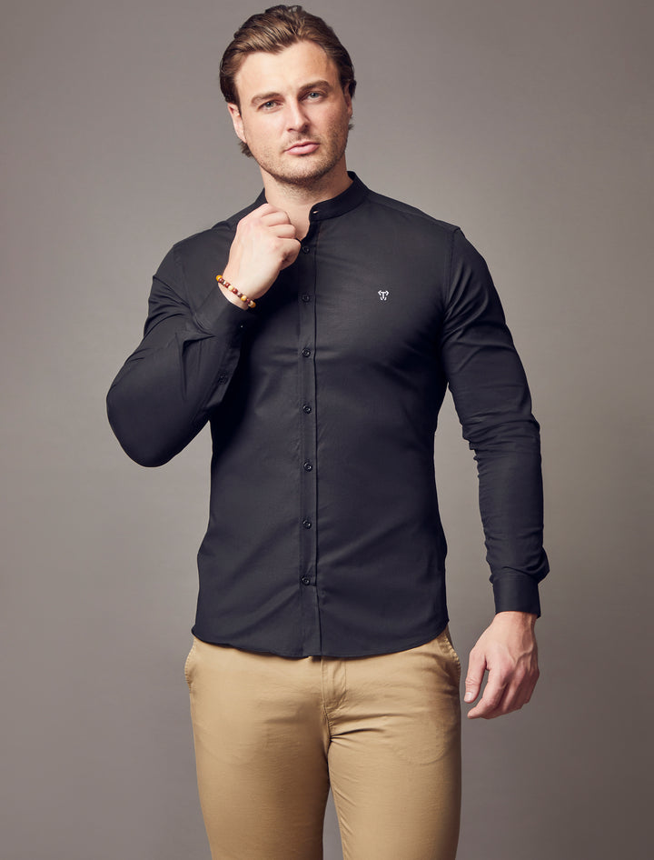 black muscle fit grandad collar shirt, highlighting the tapered fit and superior quality offered by Tapered Menswear