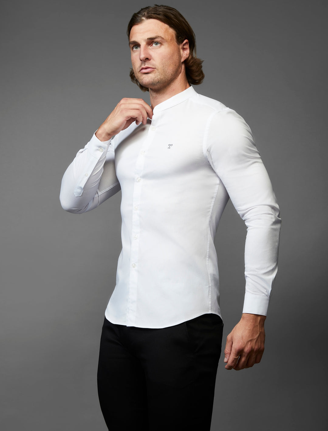 grandad collar black tapered fit shirt by Tapered Menswear, showcasing the muscle fit design for a unique and comfortable silhouette