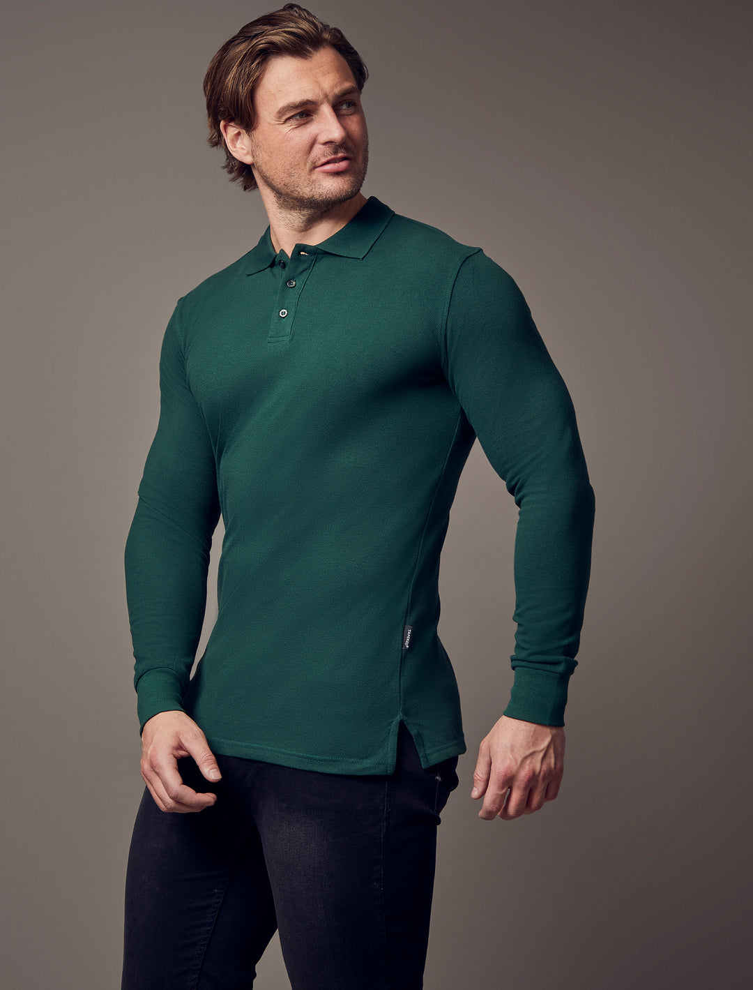 long sleeve green tapered fit polo shirt, emphasizing the muscle fit features for a flattering and well-defined look by Tapered Menswear