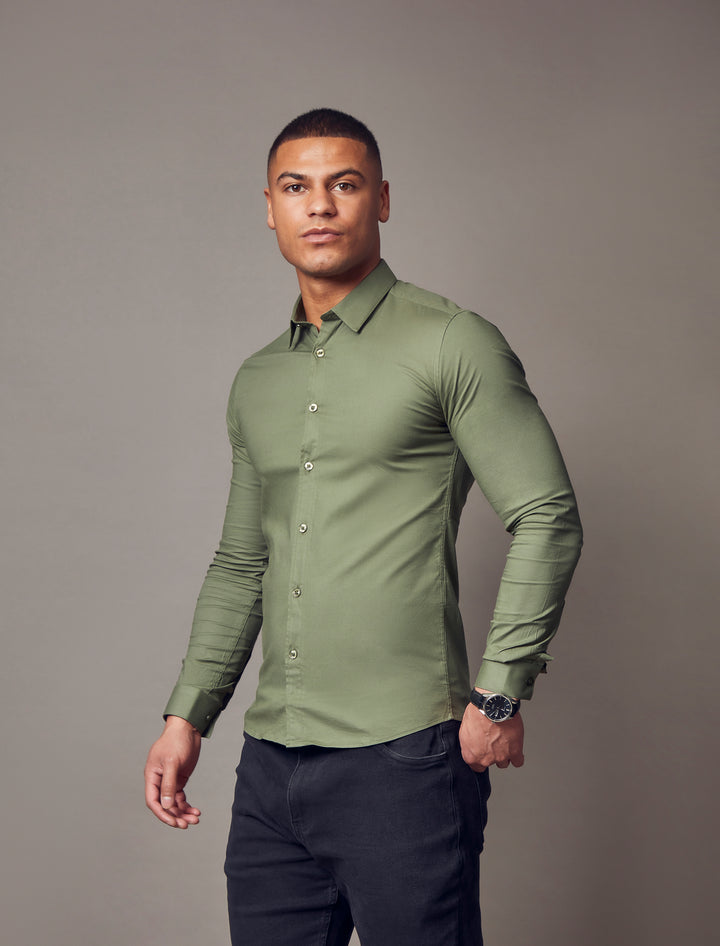  olive tapered fit shirt by Tapered Menswear, showcasing the muscle fit design for a comfortable and stylish silhouette