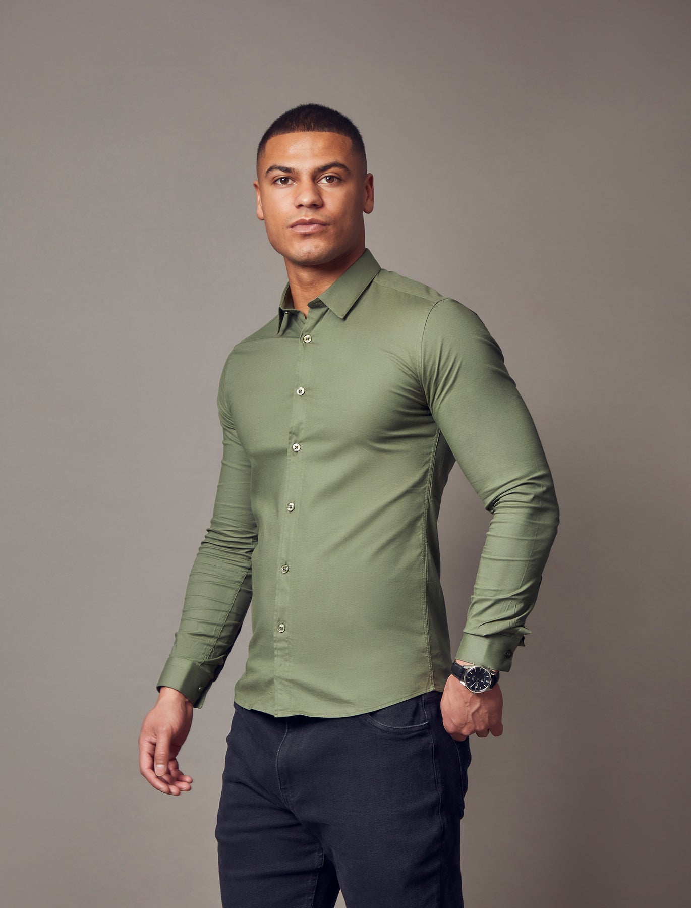 Olive Tapered Fit Shirt - Green Muscle Fitted