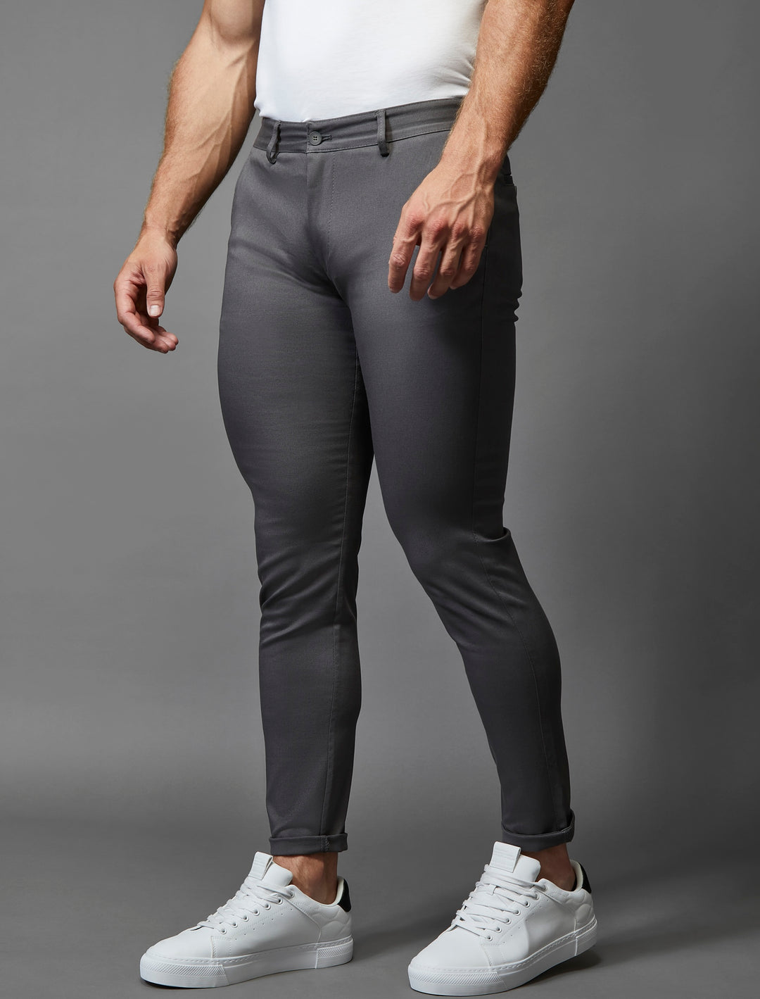 Grey athletic fit chinos by Tapered Menswear, enhanced with stretch for a contoured fit.
