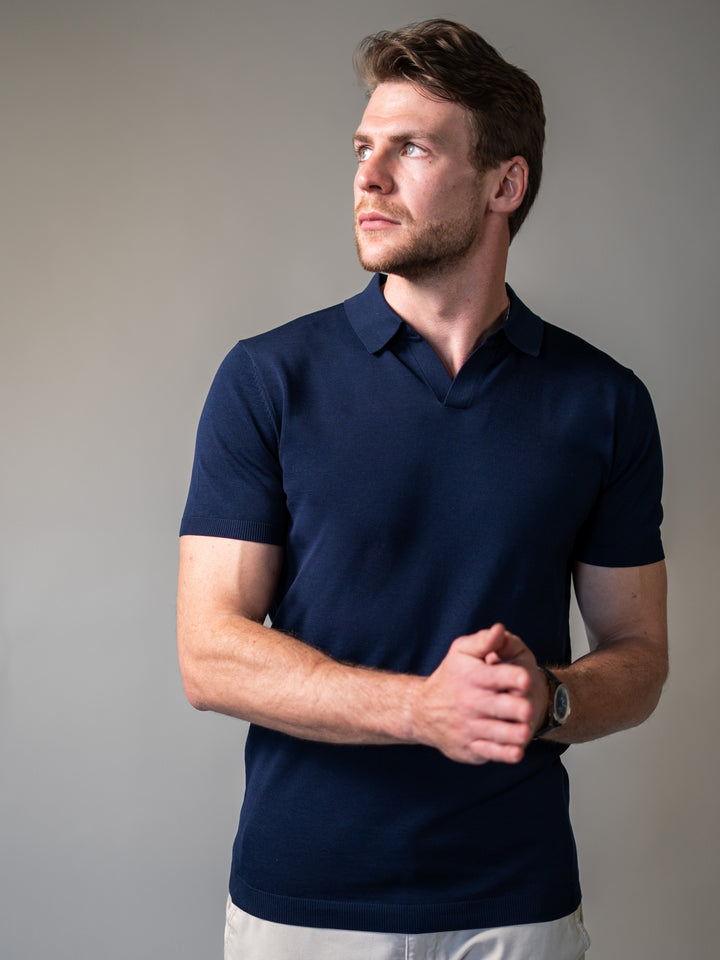 Navy revere collar knitted polo with a modern athletic tapered fit