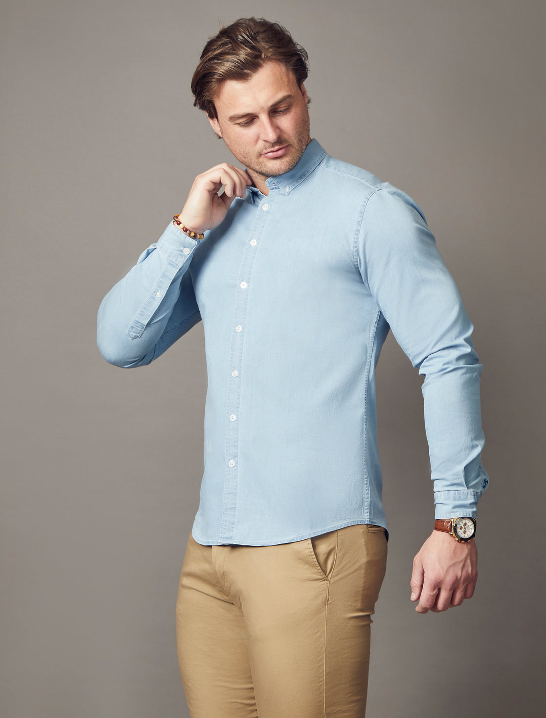 light wash denim muscle fit shirt, highlighting the tapered fit and superior quality offered by Tapered Menswear